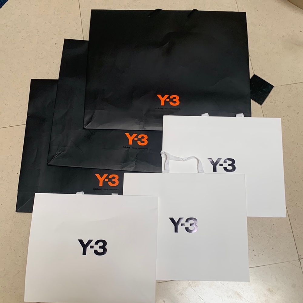 Y-3 shopping bags.  6 sold as a bundle. Black bags 29x23, white bag 14x16 inches